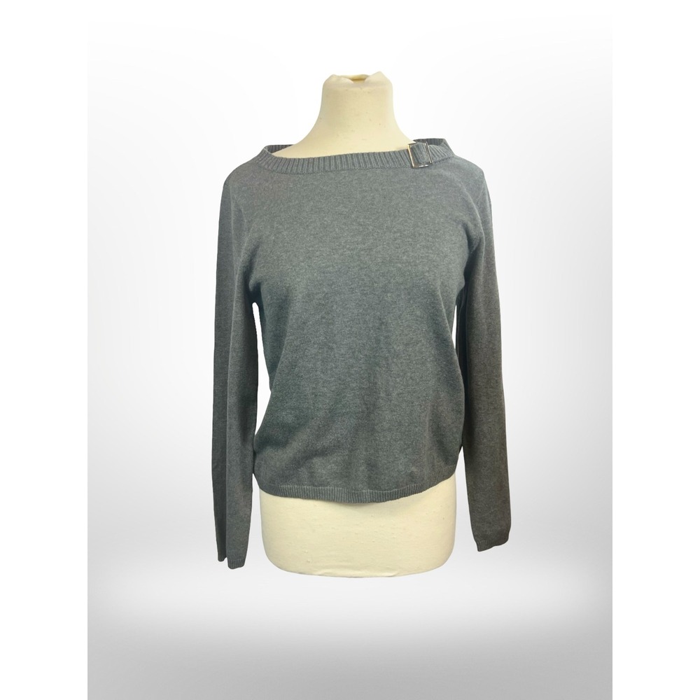 Liz Claiborne Petite M Gray Boat Neck Sweater Buckle Accent Long Sleeve Knit
